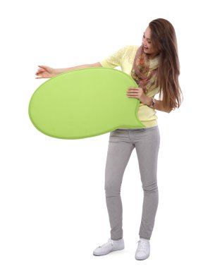 boş kart - beyaz arka plan üzerinde tutarak sıradan bir genç kadının portresi.