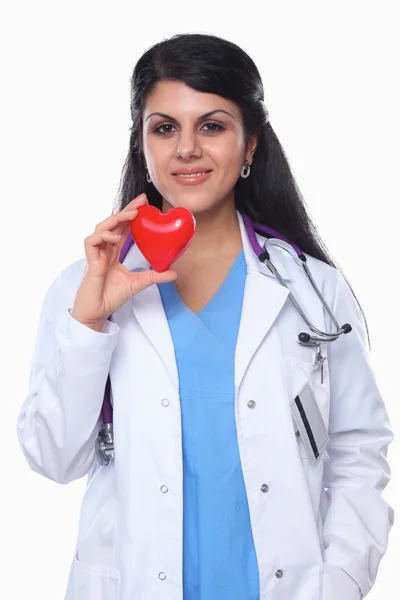 Doctor with stethoscope holding heart, isolated on white  background — Stock Photo, Image