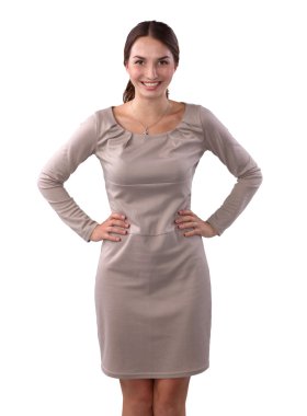 duran, beyaz zemin üzerine izole genç kadın