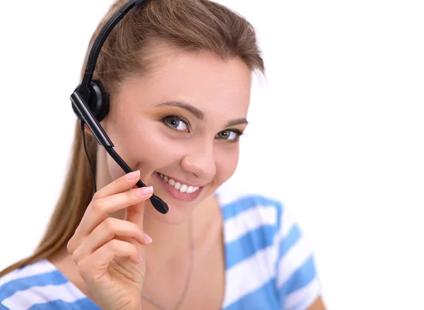 Närbild porträtt av leende ung kvinna med headset — Stockfoto