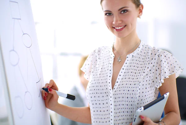 Businesswoman writing on flipchart while giving presentation to colleagues in office — Stock Photo, Image