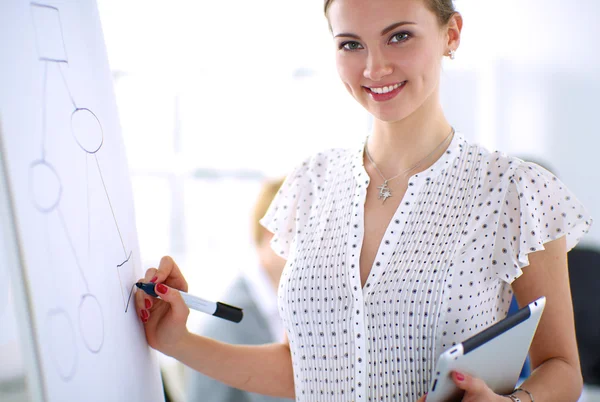 Empresária escrevendo no flipchart enquanto dá apresentação aos colegas no escritório — Fotografia de Stock