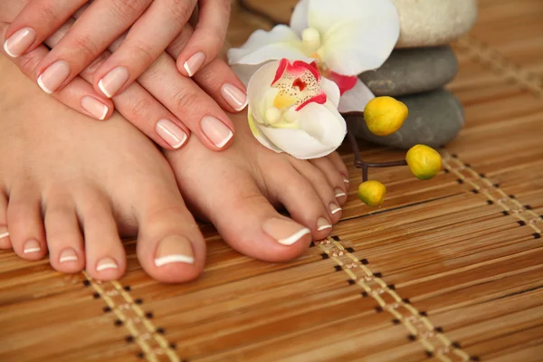 Pflege für schöne Frauenbeine mit Blume — Stockfoto