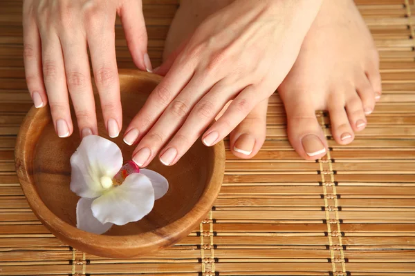 Pflege für schöne Frauenbeine mit Blume — Stockfoto