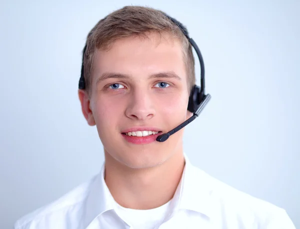 客户支持运算符与耳机在白色背景上 — 图库照片