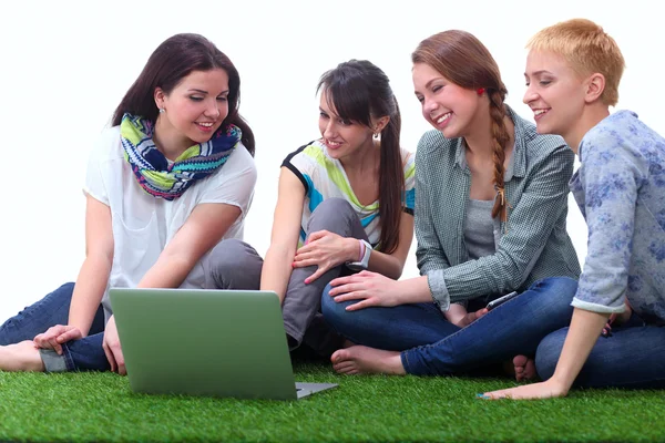 Cuatro mujeres jóvenes sentadas sobre hierba verde — Foto de Stock