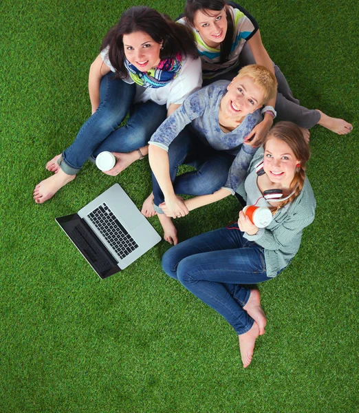 Cuatro mujeres jóvenes sentadas sobre hierba verde — Foto de Stock