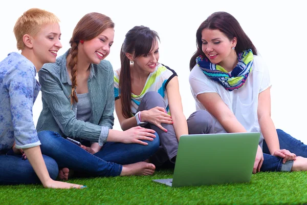 푸른 잔디에 앉아 4 명의 젊은 여성 — 스톡 사진