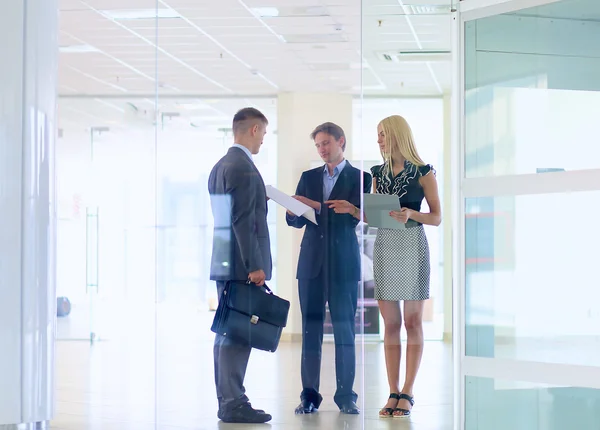 Donna d'affari in piedi con il suo personale in background in ufficio moderno — Foto Stock