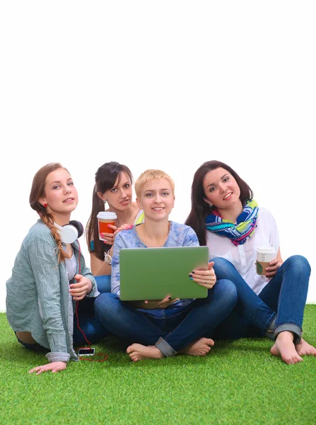 Jonge vrouwen zittend op het gras met behulp van een laptop samen — Stockfoto