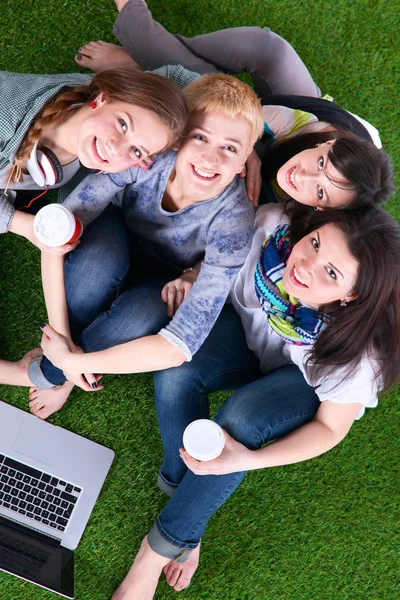 Gruppe junger Studenten benutzt gemeinsam Laptop — Stockfoto