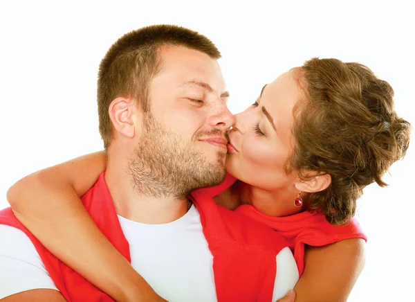 Portrait of young happy smiling couple, isolated on white background — Stock Photo, Image