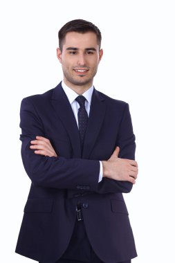 Beyaz arka planda izole edilmiş genç bir adamın portresi