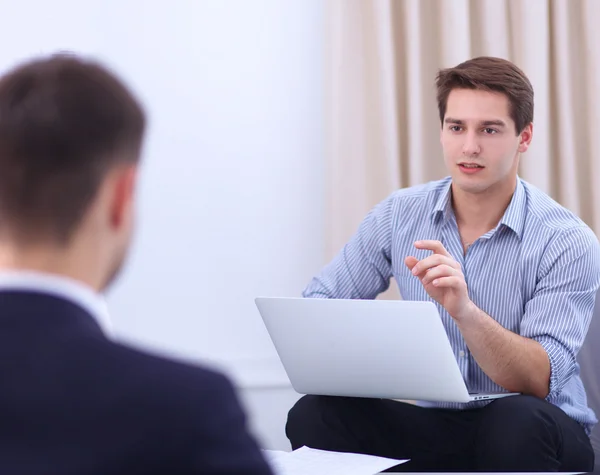 Business people talking on meeting at office, sitting — Stock Photo, Image