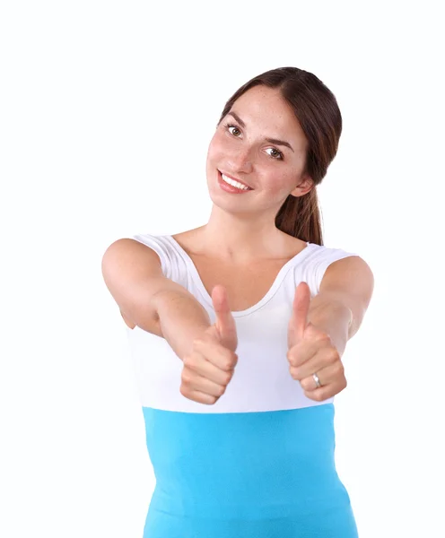 Young woman showing ok, isolated on white background — Stock Photo, Image