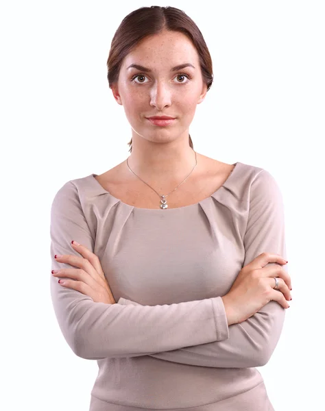 Junge Frau stehend, isoliert auf weißem Hintergrund — Stockfoto