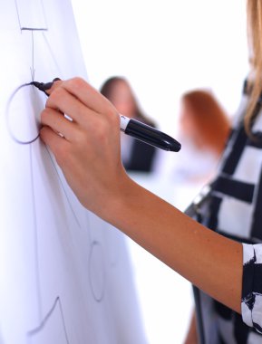 İş kadını ofisteki meslektaşlarına sunum yaparken yazı tahtasında yazıyor.