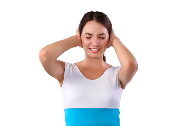 Portrait of woman with hands on ears — Stock Photo, Image