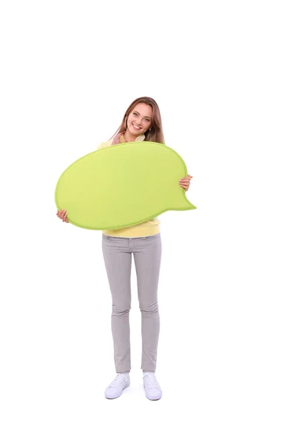 Retrato de uma jovem mulher casual segurando cartão em branco - sobre fundo branco . — Fotografia de Stock