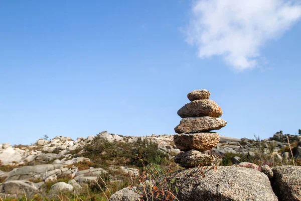 Cairn or stone marker in mountain trail