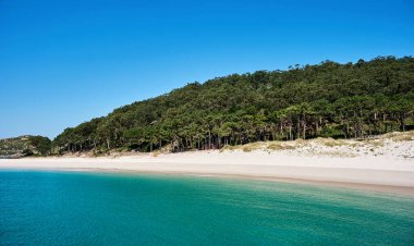 Cies Adaları 'ndaki Rodas Plajı doğa rezervi, beyaz kum ve berrak turkuaz su. Galiçya Ulusal Parkı Atlantik Adaları, İspanya.