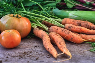 Mutfak bahçesinden taze sebzeler, içinde havuç, domates, pırasa ve diğer yeşiller, paleo diyet malzemeleri, ev yapımı sağlıklı yiyecekler var.