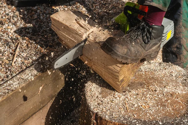 Profesional Lumberjack Cutting Coppicing Logs Chainsaw Working Boots Protective Clothing — Stock Photo, Image