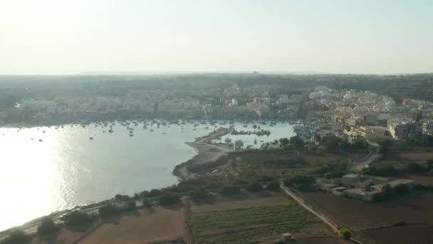 Baai vol met Zeilboten en Jachten in de avond Zonsondergang licht op Malta Island, Luchtfoto Dolly voorwaarts — Stockvideo