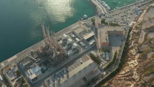 Big Power Station Factory with Smoke and three Chimneys by the Water on mediterranean Island Malta — Stock Video