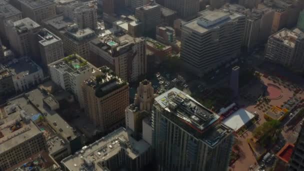 AERIAL: View on Roof Construction Side in Downtown Los Angeles, Daylight — Stock Video