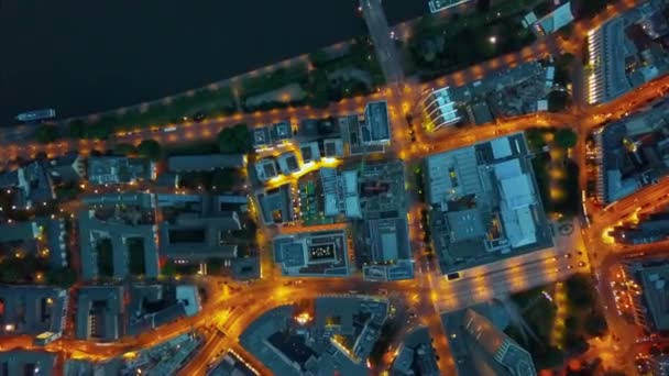 Hyper Lapse Time Lapse of Frankfurt am Main, Germay Night City traffic with orange lit streets, Aerial Birds Eye Overhead Top Down View — Vídeo de stock