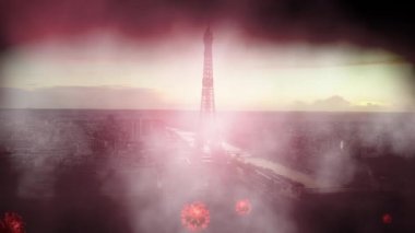 Corona virüs mikropları ve parçacıkları Paris 'te Eyfel kulesine yayılıyor. 3 boyutlu canlandırma.