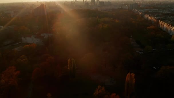 Narancs és piros színű fa erdő vagy Public Park Big City, Kontraszt a városi környezet és a természet, Légi babakocsi ki billen Berlin felett, Németország Cityscape — Stock videók