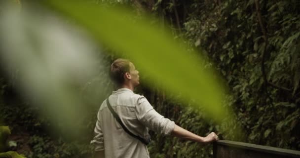 Rejtett kilátás egy fiatal felnőtt férfira, aki egy trópusi dzsungelben néz körül. Akadályozott látvány egy fiatalember az esőerdőben. — Stock videók