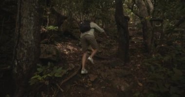 Günlük kıyafetli bir adam kayalık yağmur ormanları yolunda tırmanıyor ve ağaç gövdesinde ağaç özünü inceliyor.