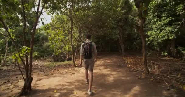 Suite à la photo d'un touriste caucasien marchant dans le sentier de la forêt tropicale humide à Bali — Video