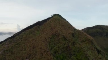 Bali 'deki Batur Dağı' nın zirvesinden yükselen ve tropikal bir bitki örtüsüyle kaplanmış hava kulesi görüntüsü.
