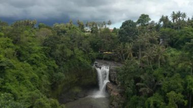 Bali yağmur ormanlarındaki uçurumun tepesindeki güzel açık hava restoranıyla ormandaki çarpıcı bir şelalenin havadan manzarası.