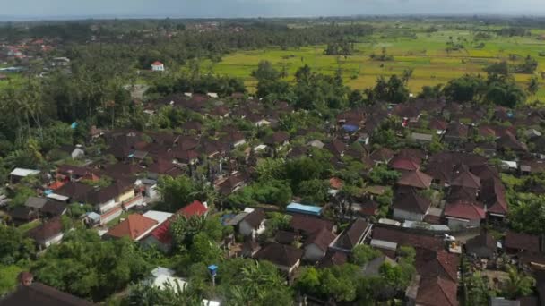 Low flying aerial shot over the rooftops of the houses in a dense residential neighborhood in Bali, Indonesia — Wideo stockowe
