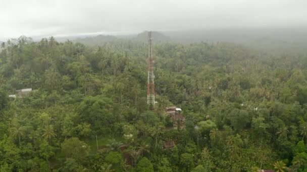 Vue aérienne de la tour radio rouge et blanche dans la forêt tropicale dense. Infrastructure de communication tour de radiodiffusion dans la jungle de Bali — Video