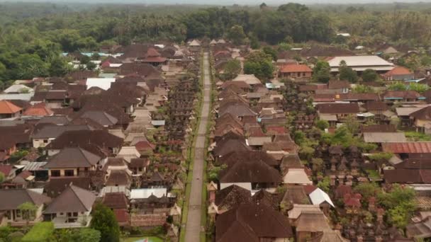 Zburând deasupra drumului principal prin satul Penglipuran, un sat tradițional din Bali. Papusa aeriana impuscata de case rezidentiale in satul rural mic din Bali, Indonezia — Videoclip de stoc