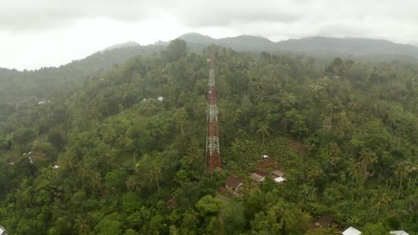 밀림 속의 라디오 타워를 공중에서 자세히 볼 수있습니다. 발리 우림의 무선 통신 인프라 — 비디오