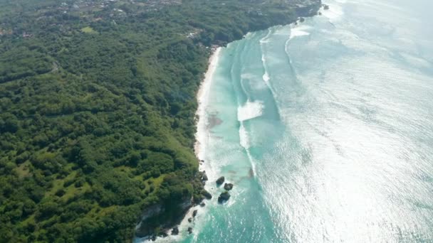 Lussureggiante vegetazione verde foresta pluviale e spiagge di sabbia selvaggia sulla costa di Bali. Vista aerea di scogliere oceaniche e acqua turchese — Video Stock