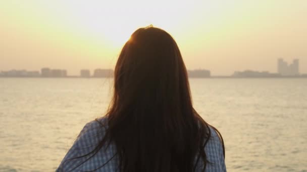 Baksidan av attraktiv kvinna tittar på staden skyline över vattnet. Bakåt på en kvinna med långt brunt hår som tittar på Dubais skyline under solnedgången — Stockvideo