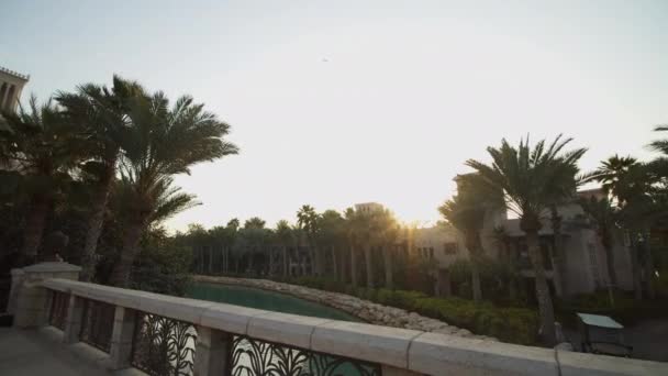Rzeka w ośrodku turystycznym z palmami i hotelami w Dubaju. Kanał wodny w luksusowym kurorcie turystycznym Dubaju — Wideo stockowe
