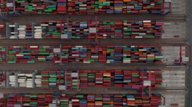 Kuşlar, kargo limanındaki büyük konteynırları hareket ettiren endüstriyel vinçleri havadan görüyorlar.