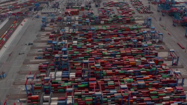 Vista aérea de fileiras de contêineres de carga coloridos em grande porto industrial sendo movidos por guindastes automatizados — Vídeo de Stock