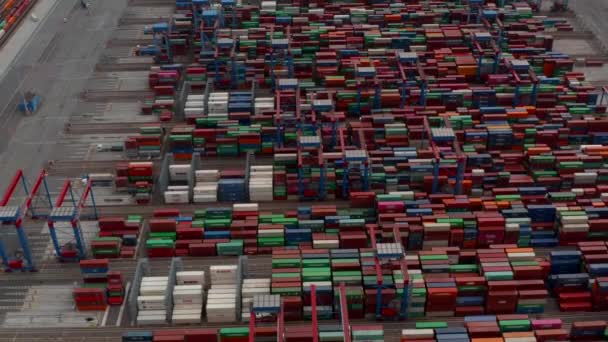 Bovenaanzicht van geautomatiseerde industriële kraanmachines die vrachtcontainers verplaatsen in de haven van Hamburg — Stockvideo