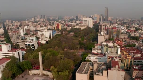 Şehir parkında şehir konutlarıyla çevrili İHA 'nın hava görüntüsü. Kamera geniş şehir manzarasına doğru eğiliyor. Mexico City, Meksika. — Stok video