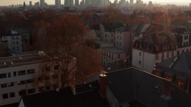 ドローンからの空中ビュー。傾きは太陽に対してダウンタウンの超高層ビルのスカイラインを明らかにする。フランクフルトはドイツのメインです — ストック動画